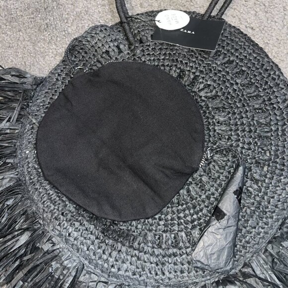 ZARA NWT Black Handmade Raffia Round Bag with Fringe & Attached Interior Purse - Picture 6 of 7